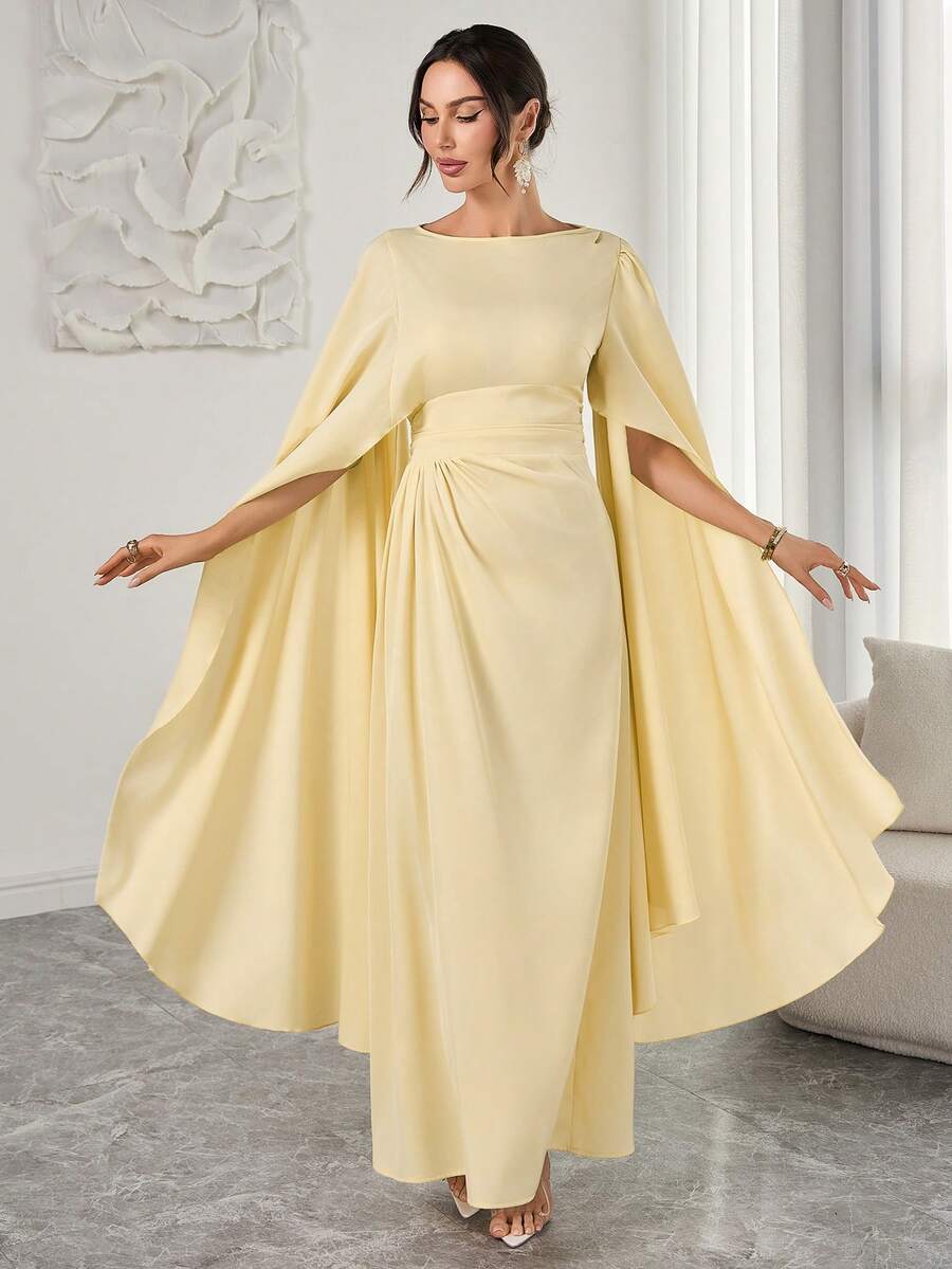 Women's Elegant French-Style Romantic Long Dress – Smooth Fabric, Pleated Details, Cinched Waist At Back, Flared Skirt, Long Sleeves & Slit Cuffs, Ideal For Afternoon Tea Gatherings, Parties & Middle Eastern-Inspired Occasions - Pale Yellow - View 1