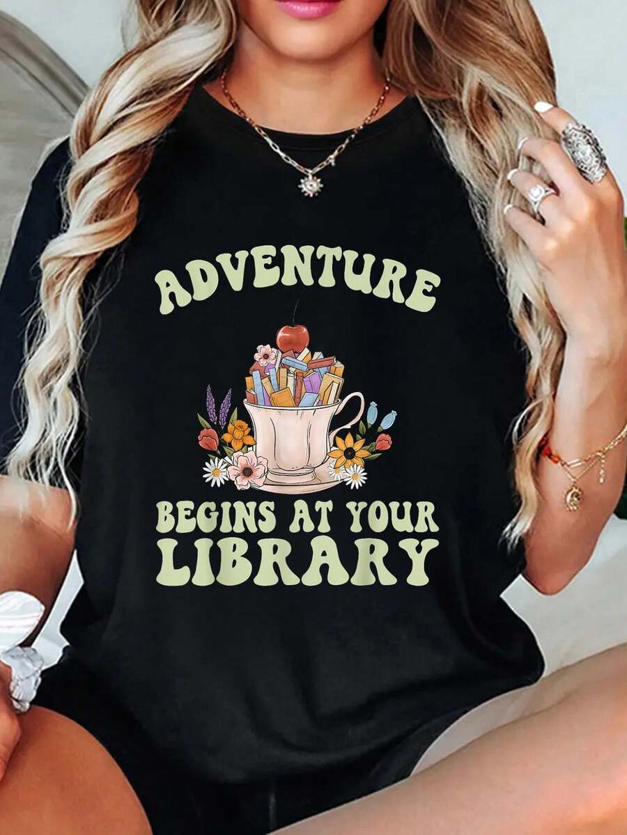 playeras de algodón mujer, Camiseta estampada para mujer del programa de lectura de verano "La aventura comienza en tu biblioteca" conjuntos de mujer tops - Negro - Ver 1