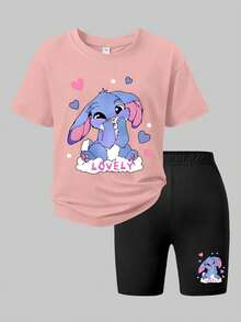 Girls' Casual Summer Set, Pink Short Sleeve T-Shirt With Shy Rabbit Cartoon Print, Paired With Black Shorts With Matching Pattern, Cute And Lively, Suitable For Daily Wear Or Campus Outfit - Multicolor - View 3