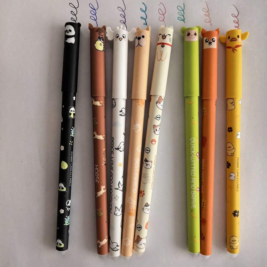 8pcs/Set Erasable Gel Pens, Colorful Cartoon Animal Designs, 0.5mm Tip, Refillable 8-Color Ink, Office & Writing Supplies, Holiday & Birthday Gifts, Popular Erasable Ballpoint Pens