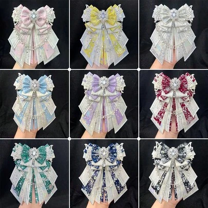 1枚新款可爱时尚装饰胸针，带蝴蝶结，9种颜色可选，银链蝴蝶翅膀手工DIY成品，适合宅男、偶像粉丝、角色扮演、洛丽塔、动漫、卡通、游戏配件