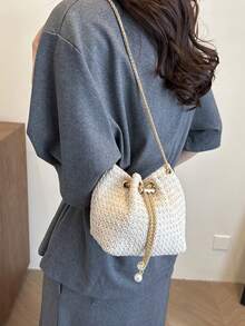 Mini New Fashion Straw Woven Gold Chain Drawstring Bucket Bag, Beach Bag, Summer - Beige - View 8