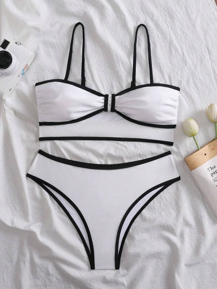 休闲优雅镂空白色黑色滚边度假沙滩泳装套装 - 白色 - 查看 1