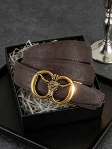 男士时尚重金属合金自动扣皮带，牛头图案皮带扣，高品质PU皮革，压印凤凰尾纹图案，适合日常佩戴，朋克休闲风，理想礼物 - 彩色 - 查看 13