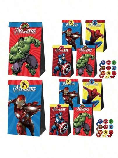 Marvel 12 pièces/set Sacs cadeaux de super-héros avec autocollants, boîte à bonbons Avengers, décoration de fête d'anniversaire et de douche, cadeaux parfaits pour anniversaire et fêtes