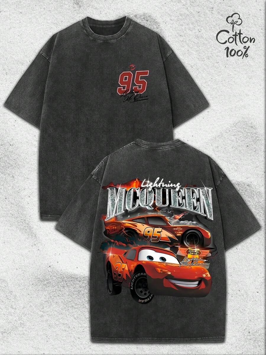 (230 G Pure Cotton T-Shirt)Disney Tshirt,Lightning McQueen Flame Double Car Print Graphic Tees ,Street Fashion Casual T-Shirt,100 Percent Cotton.Men's T-Shirt, Men's Casual, Comfortable, Fashionable T-Shirt, Street Style Cotton - màu đen - Xem 1