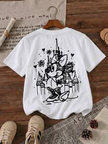 Disney Minnie Mouse Sketch Art Castle Magic Kingdom Black Outline Printed Pattern T-Shirts For Girls - Children's Clothing Design Short-Sleeved Casual And Cute Style Comfortable And Casual Wear All Year Round Suitable For Parties And Play Machine Washable Gift Children's Clothing Girls' Short-Sleeved Shirts - White - View 2