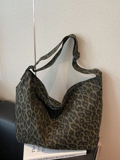 Fashionable Casual Cargo Style Leopard & Camouflage Canvas Tote Bag, Large Capacity Crossbody Shoulder Bag, Chic Relaxed Style Minimalist Underarm Bag For Outdoor, Shopping, Everyday Use