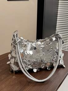 1pc Gold-Tone Glittery Crescent Moon Sha Pe PVC Shoulder Bag For Women - Silver - View 2