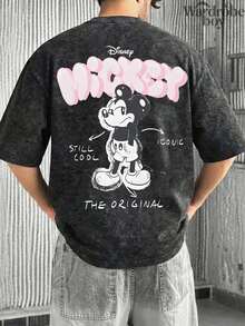 Disney Printed Wash Water T-Shirt,Men's   Mickey Mouse Pattern Printed T-Shirt,Unisex,High-Quality Pure Cotton T-Shirt,Suitable For All Seasons, Comfortable And Breathable| Exquisite Design | The Best Choice For Giving Gifts - 黑色 - 查看 2