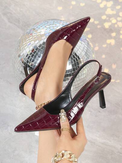 7cm Burgundy High Heel Pumps, Party Wedding Formal Shoes, Slip-On Pointed Toe Stilettos With Ankle Strap