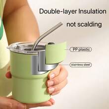 2pcs Fashionable Coffee Cup, Includes Cup And Straw, Double-Layer Vacuum Design, Stainless Steel Coffee Cup, Efficient Insulation, Outer Plastic Layer Prevents Heat And Keeps Hands , Inner 304 Stainless Steel. - Matcha Green - View 4