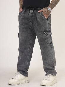 Calça Cargo Masculina Jeans, Modelagem Oversized Confortável Casual com 6 bolsos Estilo Skate - Preto Marmorizada - Visão 3