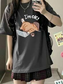 Women's Loose Fit Round Neck Short Sleeve T-Shirt With Cartoon Cat & Letter Print, Spring/Summer - Dark Grey - View 1