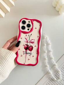 奶油色纹理波浪边亮面樱桃彩绘防震手机壳，配手工串珠手链配件，兼容 16/11/16 Pro/16 Plus/16 Pro Max/16 e/15 Pro Max/13/14/12/XS/XR/7G/8P、Galaxy S25/S25 Plus、11/12 Pro/12/12 X/13 Pro/14 Pro/15 Pro、10/9/Note9/12c/Note11 Pro/Note8 Pro，国际版，非国内版 - 彩色 - 查看 6