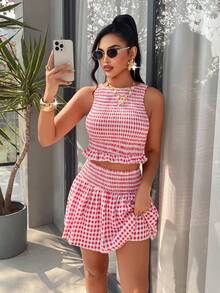 AIJ Amarilo 女士红白格纹两件套 - 无袖褶皱荷叶边上衣和迷你裙，性感沙滩度假装，夏季 - 紅粉紅色 - 查看 4