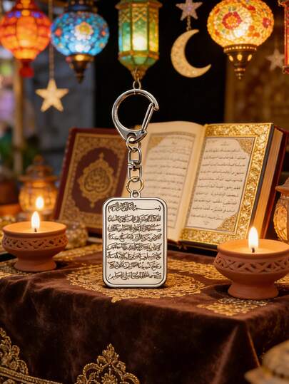 Colgante de mosquetón de Ayatul Kursi de acero inoxidable - Llavero con versículo de oración islámica, regalo religioso musulmán para Eid Mubarak, Hajj y Ramadán, accesorio de oración musulmana durable de acero inoxidable, joyería religiosa como regalo para hombres y mujeres, se puede colgar en bolsos, llaves de coche y encantos de teléfono. Elegante llavero con diseño de caligrafía árabe intrincada, accesorio de llavero, accesorio cultural