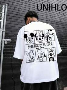 Disney UNIHLO Street Life Men's Casual Loose  Valentine's Day Love  Cartoon  Print Short Sleeve T-ShirtSummer - 白色 - 查看 2