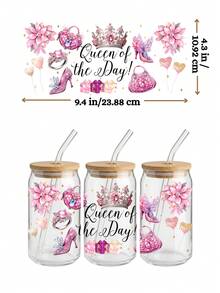4件套生日快乐女王UV DTF转印贴纸，适用于16盎司Libbey玻璃杯（9.4x4.3英寸），黑色金色气球皇冠高跟鞋防水贴纸，魅力派对DIY贴纸，无需加热 - 生日 - 查看 5