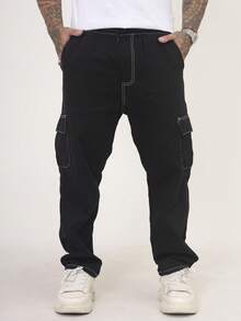 Men's Cargo Jeans, Comfortable Oversized Casual Fit With 6 Pockets, Skate Style - Hitam dan Putih - View 3