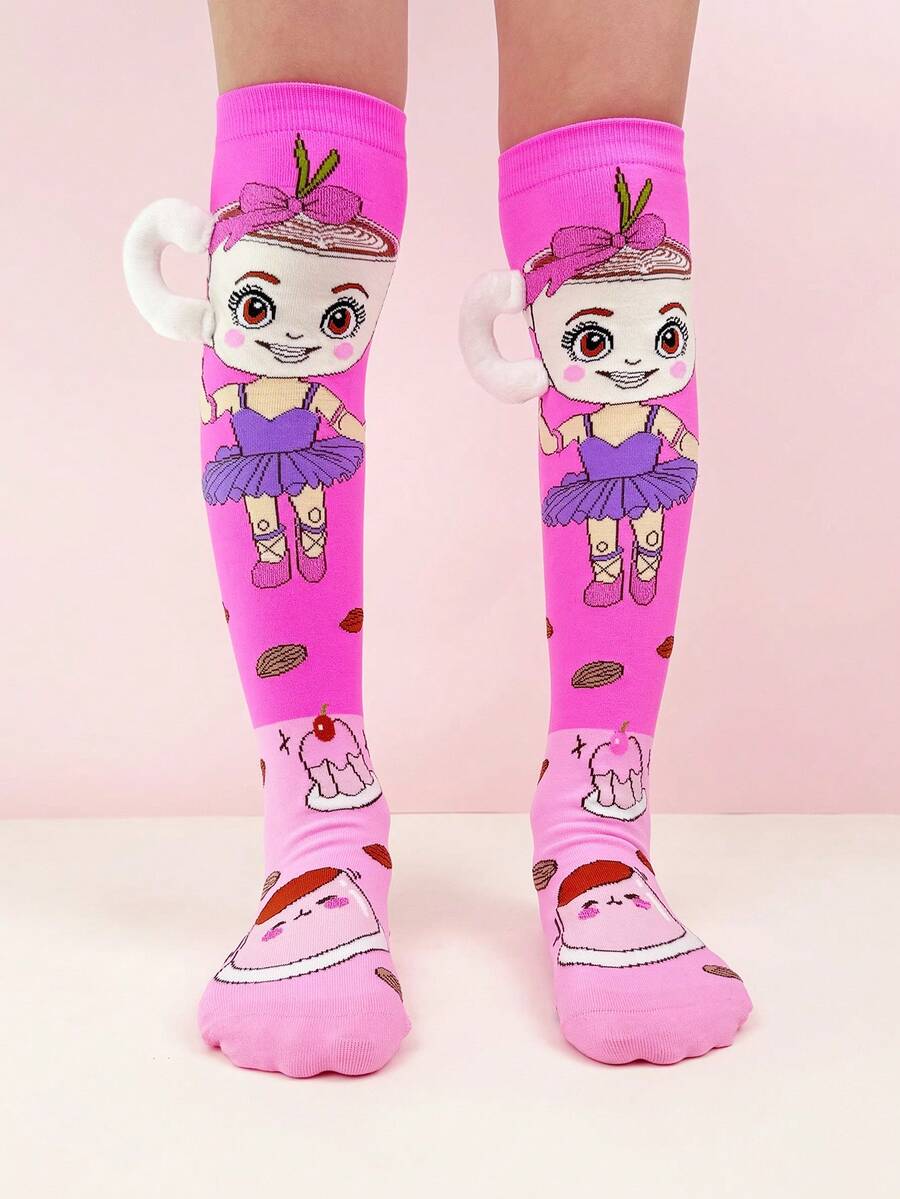 1双儿童过膝袜，可爱咖啡杯图案，3D咖啡杯装饰，趣味十足，四季皆宜，是节日礼物、儿童派对、情人节、复活节、节假日、户外和日常穿着的理想选择。