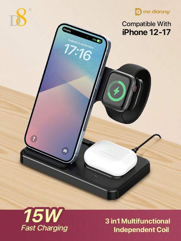  D8 3 In 1 Wireless Charging Station For Women, Stylish Pink/White Aesthetic Charger Stand Compatible With Compatible With Iphone17 16 15 14 Pro Max/13/12/11/X/SE, Compatible With Apple Watch9 8 7 6 5 4 3 2/SE & A*RPods 3 2 Pro, Compact Portable Charger For Multiple Devices-Perfect For Travel, Camping & Office. Slim Design Saves Space, Matches Girls' Desk Decor.