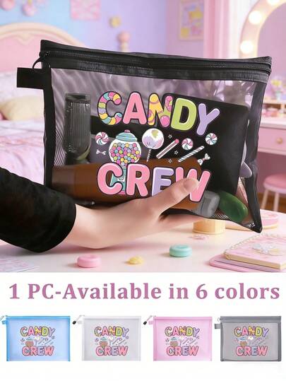 Candy Themed Pattern Mesh Cosmetic Bag, Air Cushion Storage Portable Storage Bag, Cosmetic Bag Printed With "Candy Crew" And Creative Pattern Of Dance Girls, Skin Care Bag, Travel Necessities, Dormitory Supplies