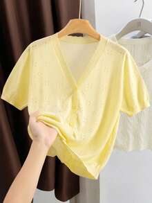 GIGOGOU Women's Hollow Out Short Sleeve Knit Cardigan, Casual Breathable V-Neck Top - Champagne - View 1