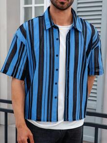 Men's Single-Breasted Casual Commuter Striped Short Sleeve Shirt - Blue - View 3