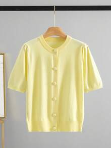 GIGOGOU 女士短袖T恤和针织开衫，舒适柔软的春夏上衣 - 黃色 - 查看 5