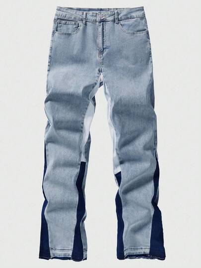 Calça jeans masculina estilo streetwear com patchwork, modelagem flare, fechamento com botão e zíper, corte reto, ideal para presentear marido ou namorado, perfeita para todas as estações.