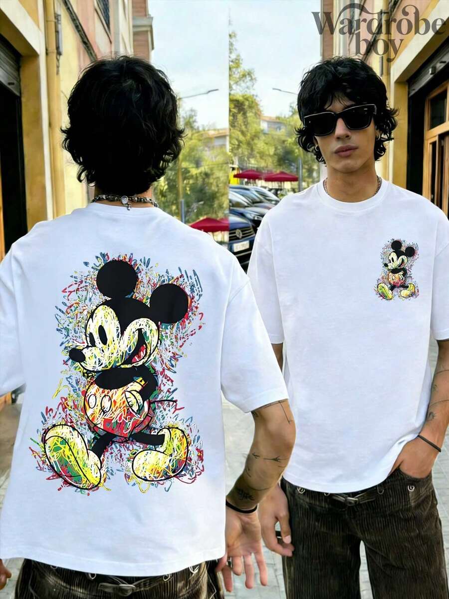 Disney Printed T-Shirt,Men's Disney Mickey Graffiti Pattern T-Shirt, Unisex,High-Quality Pure Cotton T-Shirt,Suitable For All Seasons, Comfortable And Breathable| Exquisite Design | The Best Choice For Giving Gifts - trắng - Xem 1