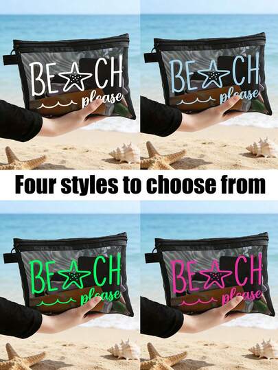 这款沙滩网眼包印有“Beach_please”字样和海星图案，可作为便携式化妆包，收纳口红和气垫粉扑，充满海岸风情，透明大容量，是旅行化妆品的理想之选。夏威夷风情网眼化妆包，非常适合海滩度假、购物，也是假日、健身、母亲节、情人节、教师节、女性旅行、短途旅行和日常旅行的必备佳品。
