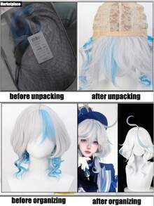 12英寸合成假发帽，白蓝渐变假发套装，角色扮演全头假发，白蓝渐变发色，动漫风格逼真假发 - 淺藍色 - 查看 12