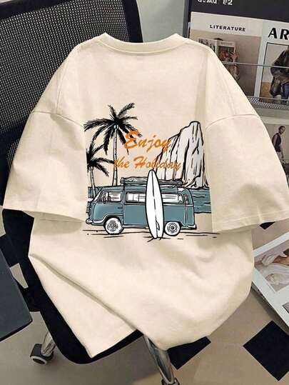 Women's Casual Minimalist Vintage Car Graphic Round Neck Short Sleeve T-Shirt, Suitable For Summer Beach, Back Of Clothes,Suitable For School, Vacation And Shopping Outfits