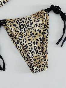 Women's Summer Beach Leopard Print Halter Tie Sexy Bikini Swimwear Set - Leopard Print - View 6