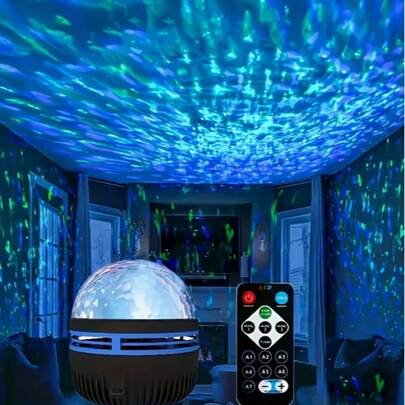 1个带遥控器和定时功能的波浪星空投影夜灯，USB供电，适合卧室装饰，圣诞礼物，完美的家居装饰灯