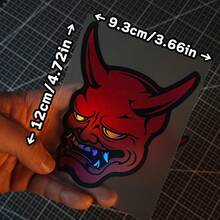Pegatina de máscara de demonio premium con diseño láser - Máscara Oni, arte Noh, terror, estilo japonés JDM. Adecuado para coches, motocicletas y portátiles - Rojo - Ver 3