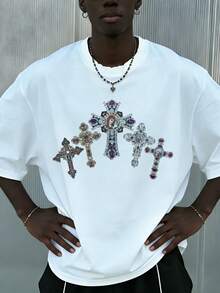 Fractyr 男士时尚休闲街头摇滚嘻哈宽松短袖T恤 | 十字架和圣母玛利亚印花 | 精致设计 | 春夏必备 | 百搭风格，复古风，百搭实用，纯棉舒适 | 送朋友的最佳礼物 | 展现独特个性 - 白色 - 查看 1