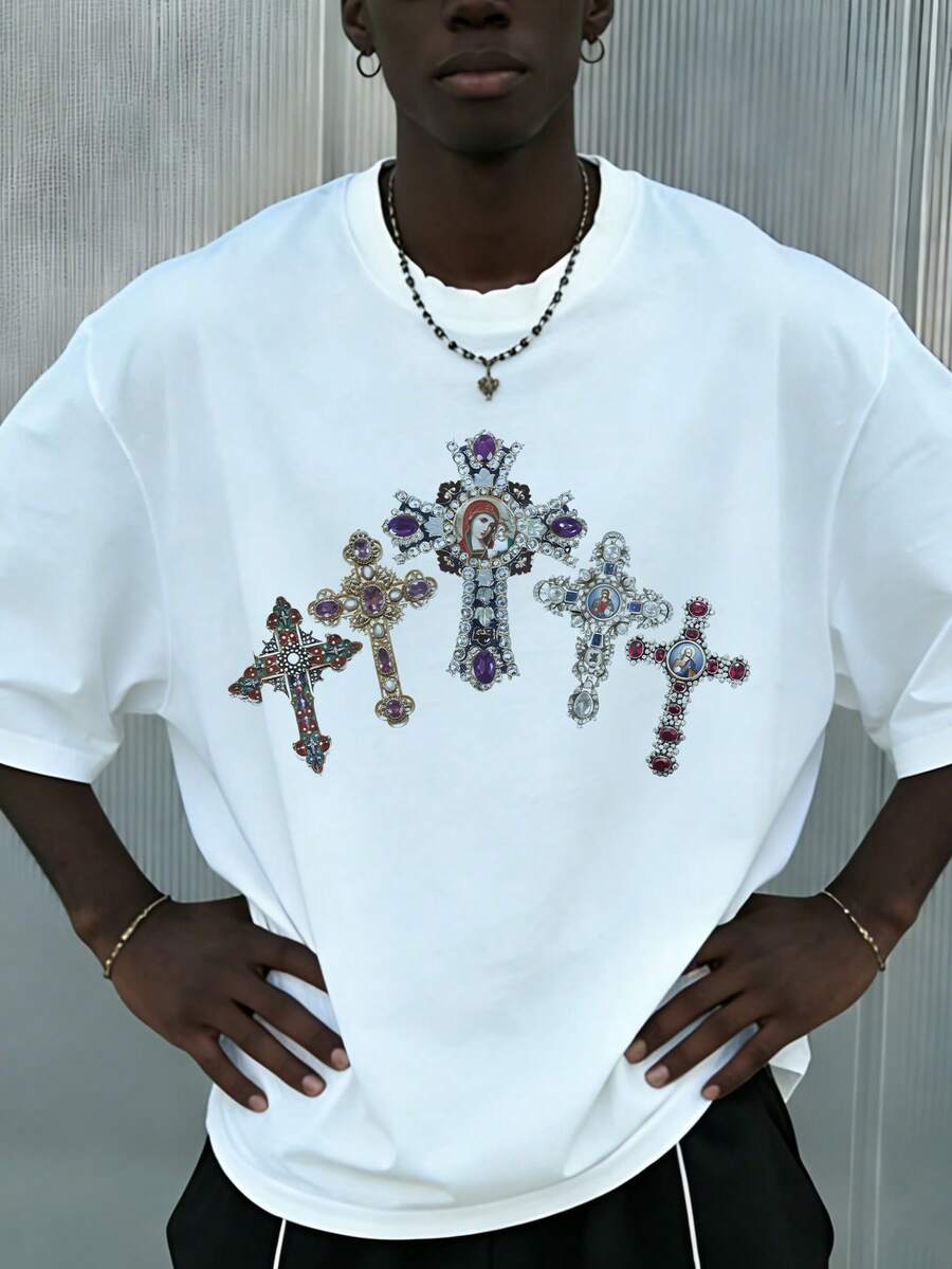 Fractyr 男士时尚休闲街头摇滚嘻哈宽松短袖T恤 | 十字架和圣母玛利亚印花 | 精致设计 | 春夏必备 | 百搭风格，复古风，百搭实用，纯棉舒适 | 送朋友的最佳礼物 | 展现独特个性 - 白色 - 查看 1