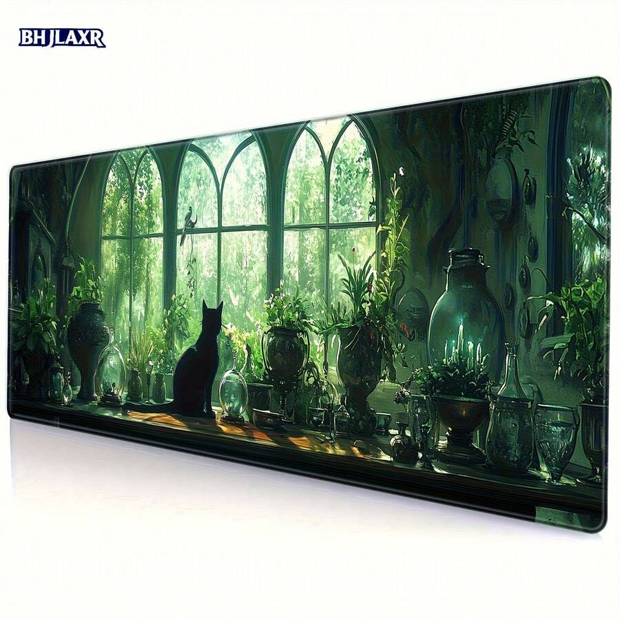 1 件超大号趣味黑猫绿植桌垫 | 31.5 英寸 x 11.8 英寸可爱动漫风加长鼠标垫，天然橡胶底座 | 适用于游戏、笔记本电脑和键盘 | 迷人的办公装饰