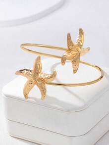 1pc Fashion Vacation Style Ocean Starfish Armband Bracelet, Adjustable Open Design Unique Personalized Bracelet For Women - Gold - View 5