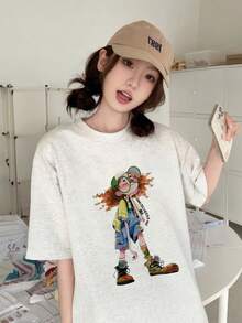 日系女式夏季宽松圆领短袖字母卡通印花T恤 - 淺花灰 - 查看 3