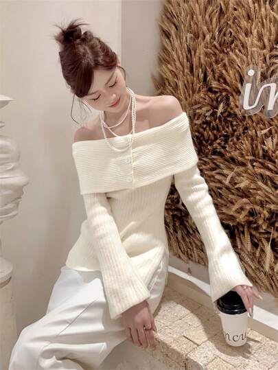 杏色甜美露肩针织毛衣，女士春夏款