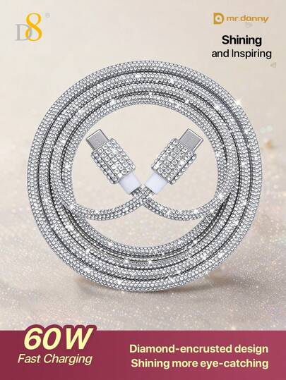  Cable de datos USB-C a USB-C D8, carga rápida de 60W, longitud de 1M, decoración de diamante de cristal (accesorio de moda para mujeres, agregando brillo), trenzado de nailon (resistente al desgarro, sin enredos, fácil de limpiar), retracción automática magnética (retracción de un solo clic, conveniente para el almacenamiento en bolsa/maleta), transferencia de datos de alta velocidad (hasta 480Mbps, sincronización rápida)