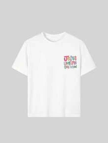 Tween Girl "Jesus Loves Me" Slogan Print Round Neck T-Shirt, Summer Top - White - View 6