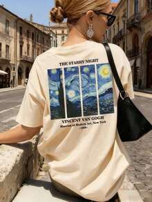 Women's Summer Personalized Letter Printed Pattern Round Neck-Shirt Fashionable And Versatile Women's Half Sleeve Small Shirt With Van Gogh Starry Print. Graphic Tees Women Pink Top White Top Black Top - 杏色 - 查看 8