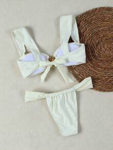 Nuevo conjunto de bikini de copa micro de color blanco sólido, elegante y casual para vacaciones en la playa, fiestas y citas, primavera/verano - Blanco - Ver 3