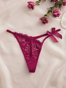 蝴蝶结蕾丝丁字裤 - 侧边饰以奢华蕾丝 | 性感浪漫女士内衣 - 酒紅色 - 查看 7