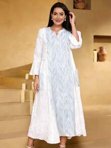 2026 New Style Ramadan Traditional Elegant Allover Print V-Neck Pocket Dress, Graceful Arabic Women Clothing JALABIA - White - View 7